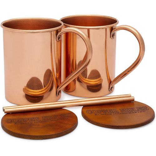  [아마존베스트]Moscow Mule PURE Copper Mugs Set of 2 by Copper Mules - Handcrafted of 100% Pure THICK Copper - Straight Smooth Finish - EasyCare Copper Interior - Strong Authentic Riveted Handle