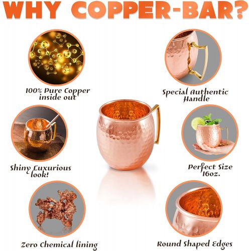  [아마존핫딜][아마존 핫딜] Moscow Mule Copper Mugs - Set of 2-100% HANDCRAFTED Pure Solid Copper Mugs - 16 Oz, Gift Set With Cocktail Copper Straws, Shot Glass, Stirrer & 2 E-Books by Copper-Bar