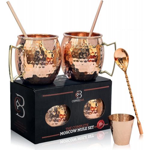  [아마존베스트]Moscow Mule Copper Mugs - Set of 2 - 100% HANDCRAFTED Pure Solid Copper Mugs - 16 Oz, Gift Set With Cocktail Copper Straws, Copper Shot Glass & Copper Stirrer by Copper-Bar