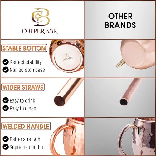  [아마존베스트]Copper-Bar Moscow Mule Copper Mugs - Set of 4 - 100% HANDCRAFTED Pure Solid Copper Mugs - 16 Oz Gift Set with Highest Quality Cocktail Copper Straws, Copper Stirrer & Copper Jigger by Copper-