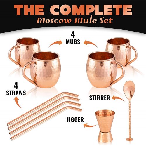  [아마존베스트]Copper-Bar Moscow Mule Copper Mugs - Set of 4 - 100% HANDCRAFTED Pure Solid Copper Mugs - 16 Oz Gift Set with Highest Quality Cocktail Copper Straws, Copper Stirrer & Copper Jigger by Copper-