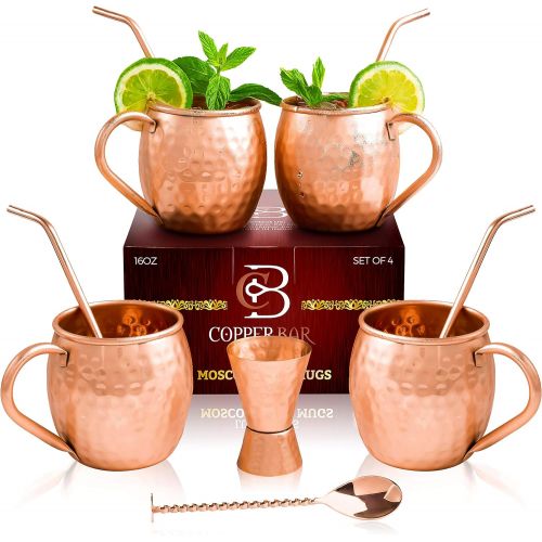  [아마존베스트]Copper-Bar Moscow Mule Copper Mugs - Set of 4 - 100% HANDCRAFTED Pure Solid Copper Mugs - 16 Oz Gift Set with Highest Quality Cocktail Copper Straws, Copper Stirrer & Copper Jigger by Copper-