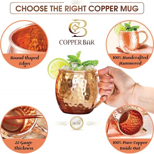  [아마존베스트]Copper-Bar Moscow Mule Copper Mugs - Set of 4 - 100% HANDCRAFTED Pure Solid Copper Mugs - 16 Oz Gift Set with Highest Quality Cocktail Copper Straws, Copper Stirrer & Copper Jigger by Copper-