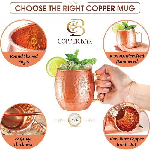  [아마존베스트]Moscow Mule Copper Mugs - Set of 4 - 100% HANDCRAFTED Pure Solid Copper Mugs - 16 Oz Gift Set with Highest Quality Cocktail Copper Straws & Copper Shot Glass by Copper-Bar