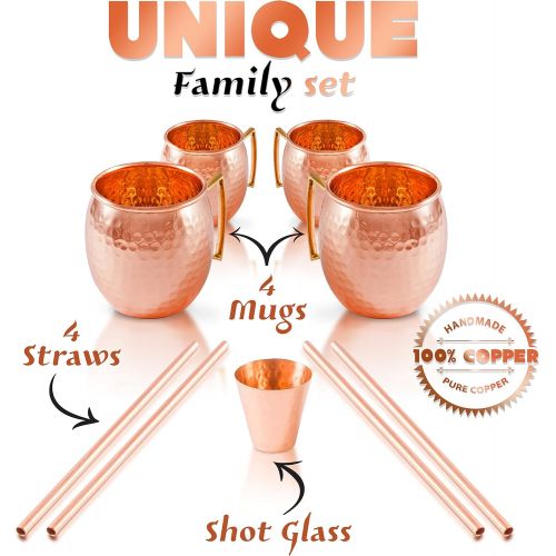  [아마존베스트]Moscow Mule Copper Mugs - Set of 4 - 100% HANDCRAFTED Pure Solid Copper Mugs - 16 Oz Gift Set with Highest Quality Cocktail Copper Straws & Copper Shot Glass by Copper-Bar