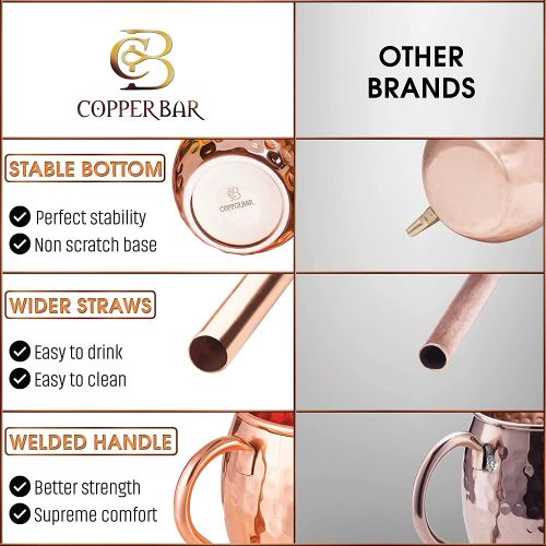  [아마존베스트]Moscow Mule Copper Mugs - Set of 2 - 100% HANDCRAFTED Pure Solid Copper Mugs - 16 oz Gift Set with Highest Quality Cocktail Copper Straws, Jigger & 2 Coasters by Copper-Bar