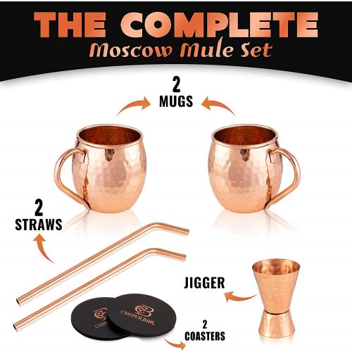  [아마존베스트]Moscow Mule Copper Mugs - Set of 2 - 100% HANDCRAFTED Pure Solid Copper Mugs - 16 oz Gift Set with Highest Quality Cocktail Copper Straws, Jigger & 2 Coasters by Copper-Bar