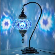 CopperBull New BOSPHORUS Stunning Handmade Swan Neck Turkish Moroccan Mosaic Glass Table Desk Bedside Lamp Light with Bronze Base (Blue)