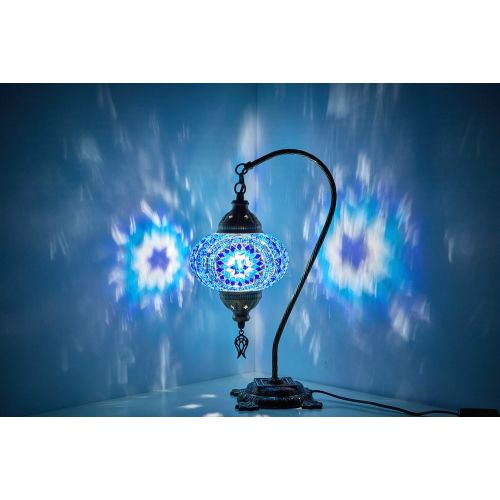  CopperBull New BOSPHORUS Stunning Handmade Swan Neck Turkish Moroccan Mosaic Glass Table Desk Bedside Lamp Light with Bronze Base (Blue)