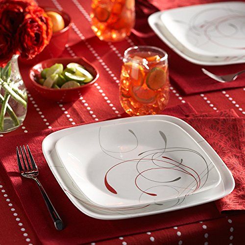  Corelle Geschirr-Set Splendor aus Vitrelle-Glas fuer 4 Personen 16-teilig, Splitter- und bruchfest, rot/grau