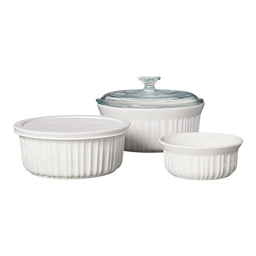  CorningWare French White 7-Pc Ceramic Bakeware Set with Lids, Chip and Crack Resistant Stoneware Baking Dish, Microwave, Dishwasher, Oven, Freezer and Fridge Safe