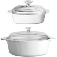 CorningWare 4 Piece Pyroceram Classic Casseroles 2.4 qt/2.25L Round & 2.1 qt/2L Square Cooking Pots With Handles & Glass Lid - White