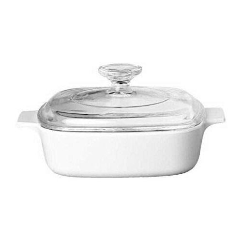  CorningWare 4 Piece Pyroceram Classic Casseroles 2.4 qt/2.25L Round & 2.1 qt/2L Square Cooking Pots With Handles & Glass Lid - White