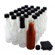 Cornucopia Brands 5-Ounce Hot Sauce Bottles (24-Pack), Clear Glass Woozy Bottles Set w/Black Caps, Dripper Inserts & Shrink Bands