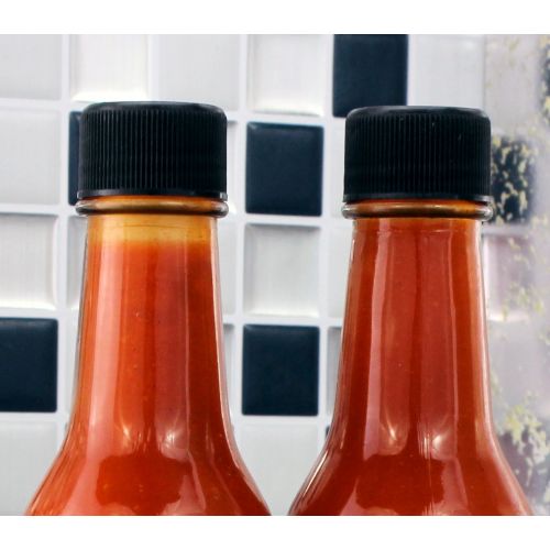  Cornucopia Brands 5-Ounce Hot Sauce Bottles (24-Pack), Clear Glass Woozy Bottles Set w/Black Caps, Dripper Inserts & Shrink Bands