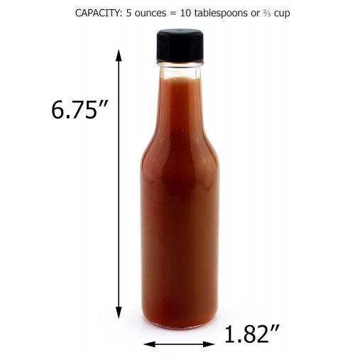  Cornucopia Brands 5-Ounce Hot Sauce Bottles (24-Pack), Clear Glass Woozy Bottles Set w/Black Caps, Dripper Inserts & Shrink Bands