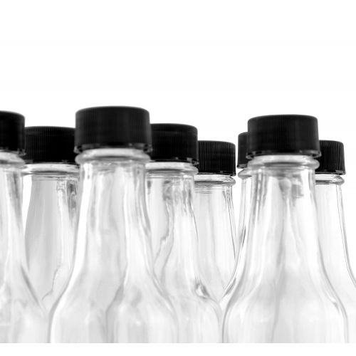  Cornucopia Brands 5-Ounce Hot Sauce Bottles (24-Pack), Clear Glass Woozy Bottles Set w/Black Caps, Dripper Inserts & Shrink Bands