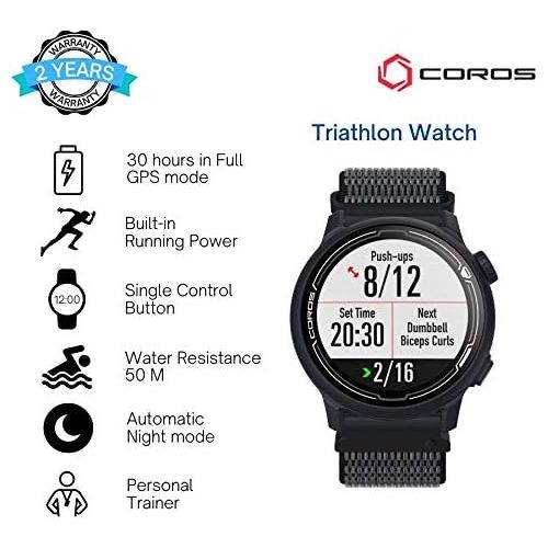  Coros PACE 2 Premium GPS Sport Watch with Nylon or Silicone Band, Heart Rate Monitor, 30h Full GPS Battery, Barometer, ANT+ & BLE Connections, Strava, Stryd & TrainingPeaks