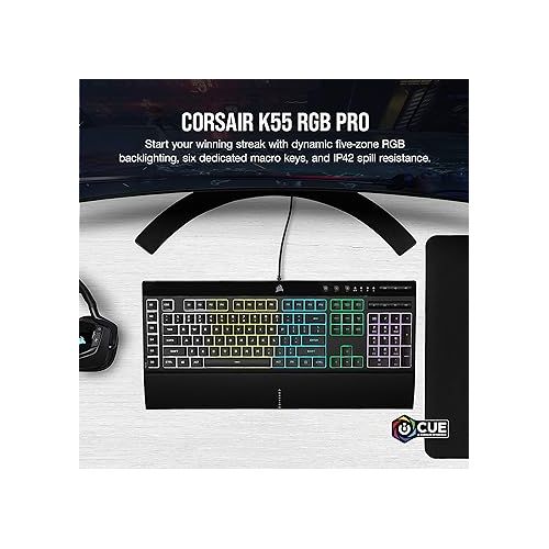 커세어 CORSAIR K55 RGB PRO-Dynamic RGB Backlighting - Six Macro Keys with Elgato Stream Deck Software Integration-IP42 Dust and Spill Resistant-Detachable Palm Rest-Dedicated Media and Volume Keys, Black