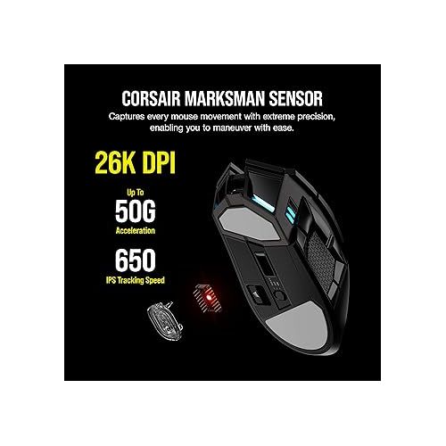 커세어 Corsair DARKSTAR RGB Wireless Gaming Mouse for MMO, MOBA - 26,000 DPI - 15 Programmable Buttons - Up to 80hrs Battery - iCUE Compatible - Black