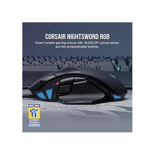 커세어 CORSAIR NIGHTSWORD RGB Gaming Mouse For FPS, MOBA - 18,000 DPI - 10 Programmable Buttons - Weight System - iCUE Compatible - Black