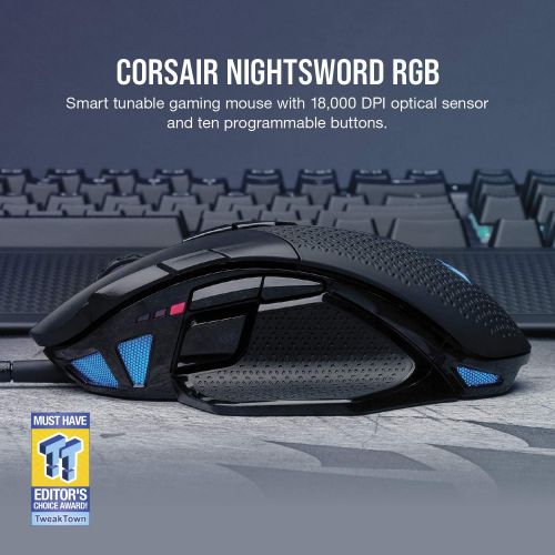 커세어 Corsair Nightsword RGB - Comfort Performance Tunable FPS/MOBA Optical Ergonomic Gaming Mouse with Backlit RGB LED, 18000 DPI, Black