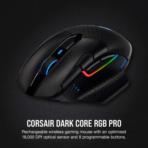 커세어 Corsair Dark Core RGB Pro, Wireless FPS/MOBA Gaming Mouse with SLIPSTREAM Technology, Black, Backlit RGB LED, 18000 DPI, Optical,CH-9315411-NA