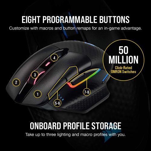 커세어 Corsair Dark Core RGB Pro SE, Wireless FPS/MOBA Gaming Mouse with Slipstream Technology, Black, Backlit RGB LED, 18000 DPI, Optical, Qi Wireless Charging Certified