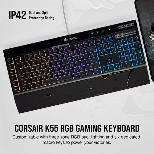 커세어 Corsair K55 RGB Gaming Keyboard  IP42 Dust and Water Resistance  6 Programmable Macro Keys  Dedicated Media Keys - Detachable Palm Rest Included