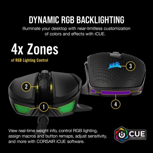 커세어 Corsair Nightsword RGB, Performance Tunable FPS/MOBA Gaming Mouse, Black, Backlit RGB LED, 18000 DPI, Optical