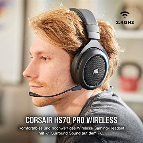 커세어 [아마존베스트]Corsair HS70 Pro Wireless Gaming Headset (7.1 Surround Sound, Ultra Low Latency, 12 Meter Range, Lightweight Design, Removable Noise Canceling Microphone, for PC and PS4) carbon