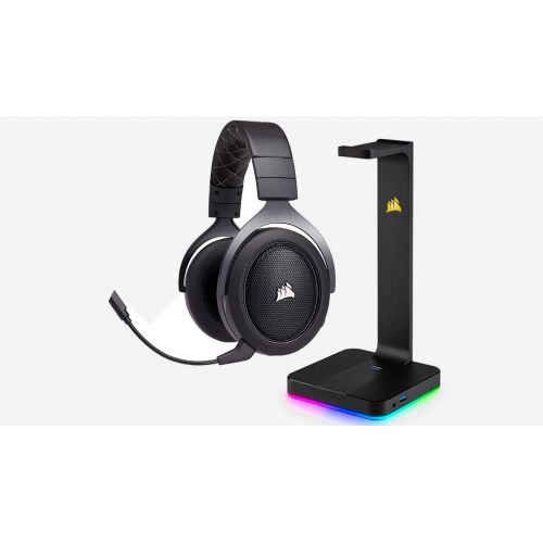 커세어 CORSAIR HS70 WIRELESS Gaming Headset, Carbon and CORSAIR ST100 RGB - Premium RGB Gaming Headset Stand with 7.1 Surround Sound Headphone Audio  - 3.5mm jack and 2x USB 3.1 port