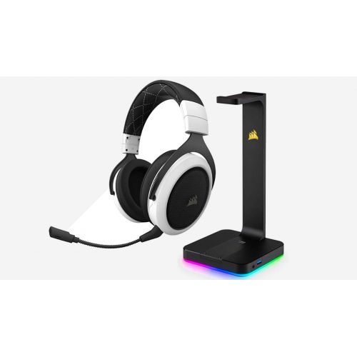 커세어 CORSAIR HS70 WIRELESS Gaming Headset, White and CORSAIR ST100 RGB - Premium RGB Gaming Headset Stand with 7.1 Surround Sound Headphone Audio - 3.5mm jack and 2x USB 3.1 ports