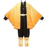 CosTribe Halloween Agatsuma Zenitsu Kimetsu No Yaiba Anime Cosplay Costume Full Set Kimono Robe Outfit