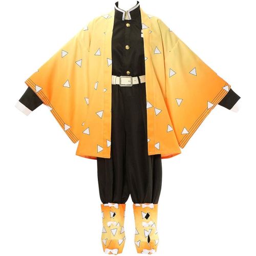  할로윈 용품CosTribe Halloween Agatsuma Zenitsu Kimetsu No Yaiba Anime Cosplay Costume Full Set Kimono Robe Outfit