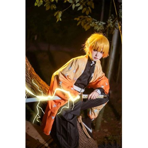  할로윈 용품CosTribe Halloween Agatsuma Zenitsu Kimetsu No Yaiba Anime Cosplay Costume Full Set Kimono Robe Outfit