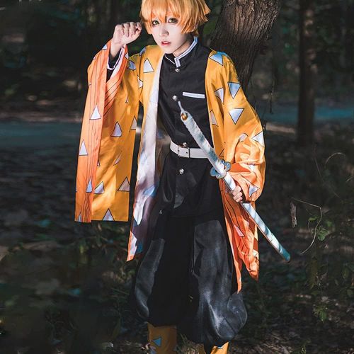  할로윈 용품CosTribe Halloween Agatsuma Zenitsu Kimetsu No Yaiba Anime Cosplay Costume Full Set Kimono Robe Outfit