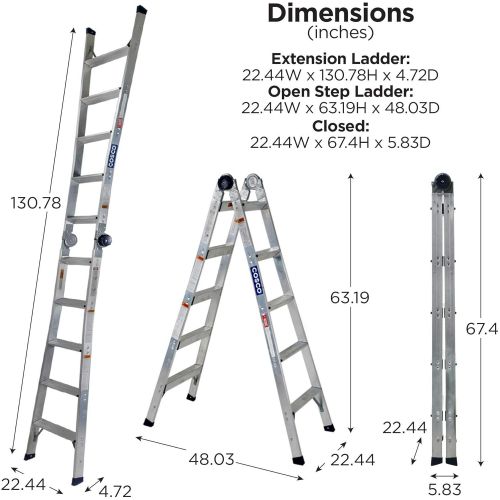  CoscoProducts COSCO 2-in-1 Step and Extension Ladder, Tall Reach, Aluminum