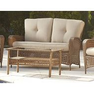 CoscoProducts COSCO Outdoor Loveseat and Coffee Table, Amber Wicker and Tan Cushions