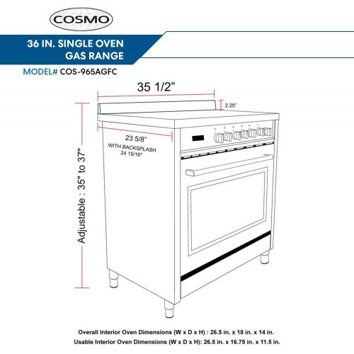  [아마존 핫딜]  [아마존핫딜]Cosmo COS-965AGFC 36 in. 3.8 cu. ft. Single Oven Gas Range with 5 Burner Cooktop and Heavy Duty Cast Iron Grates in Stainless Steel