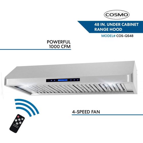  [아마존 핫딜]  [아마존핫딜]Cosmo QS48 48-in Under-Cabinet Range Hood 1000-CFM with Ducted/Ductless Convertible Duct, Wireless Remote, Kitchen Stove Vent Light, 4 Speed Exhaust, Fan Timer, Permanent Filter (S