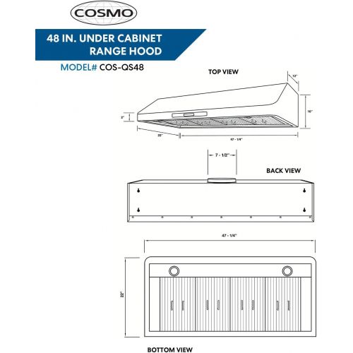  [아마존 핫딜]  [아마존핫딜]Cosmo QS48 48-in Under-Cabinet Range Hood 1000-CFM with Ducted/Ductless Convertible Duct, Wireless Remote, Kitchen Stove Vent Light, 4 Speed Exhaust, Fan Timer, Permanent Filter (S
