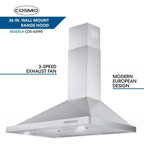  Cosmo 63190FT900 36 in. Wall Mount Range Hood with Push Button Controls, LED Lighting and Permanent Filters