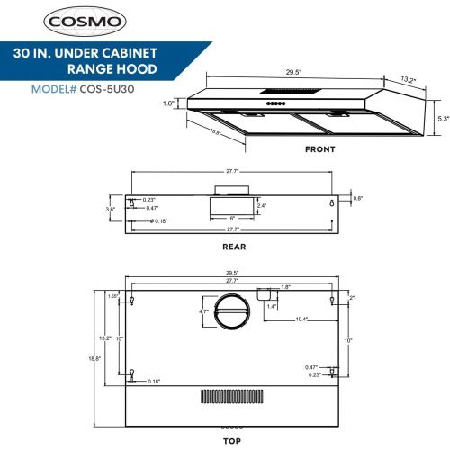  Cosmo 30 in. 250 CFM Ducted Under Cabinet Range Hood with Push Button Control Panel, Kitchen Vent Cooking Fan Range Hood with Aluminum Filters and LED Lighting