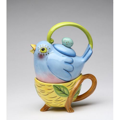  Cosmos Gifts 61910 Fine Ceramic Flights Of Fancy: Bluebird Bird in Nest Tea for One (Teapot with Tea Cup) Set by Babs, 7 H