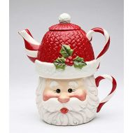 Cosmos Gifts Fine Ceramic Joyful Christmas Santa with Swirl Candy Cane Design Tea for One Set (Teapot with Cup Set), 7 1/2 L