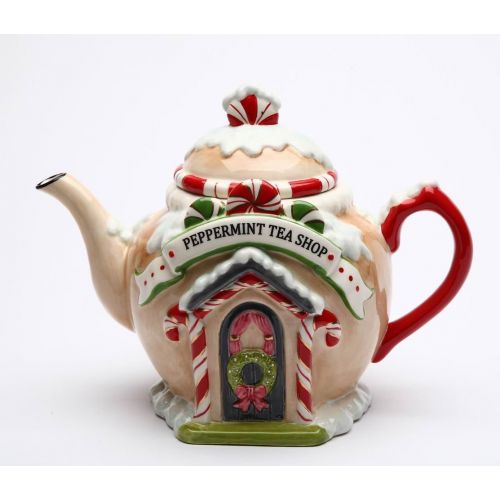  Cosmos Gifts Fine Ceramic Hand Painted Christmas Peppermint Candy Cane Tea Shop Gingerbread House Teapot, 8-7/8 L