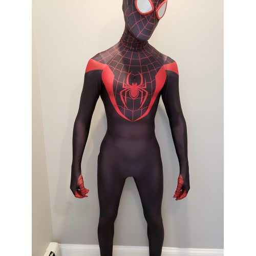  CosplayLife Miles Morales Cosplay Costume Spider-Man Bodysuit Black Spiderman with Mask and Lenses