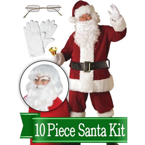  BirthdayExpress Santa Suit - Crimson Deluxe Complete 10 Piece Kit - Santa Costume Plush Outfit