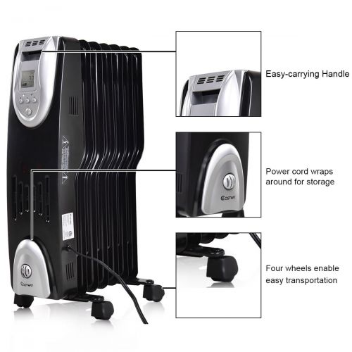 코스트웨이 Costway 1500W Electric Oil Filled Radiator Heater Safe Digital Temperature Adjust Timer